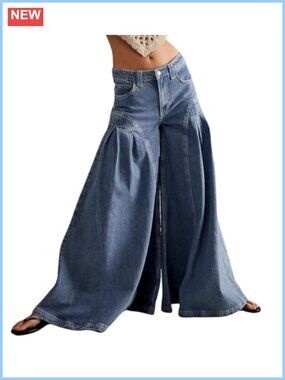 Women's Baggy Wide Leg Flare Boyfriend Jeans Loose Denim Pants with Pockets